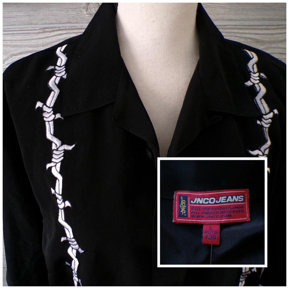 vtg 90's Jnco Shirt L Black Embroidered Barbwire Hip Hop Button Streetwear Nice - Picture 1 of 12